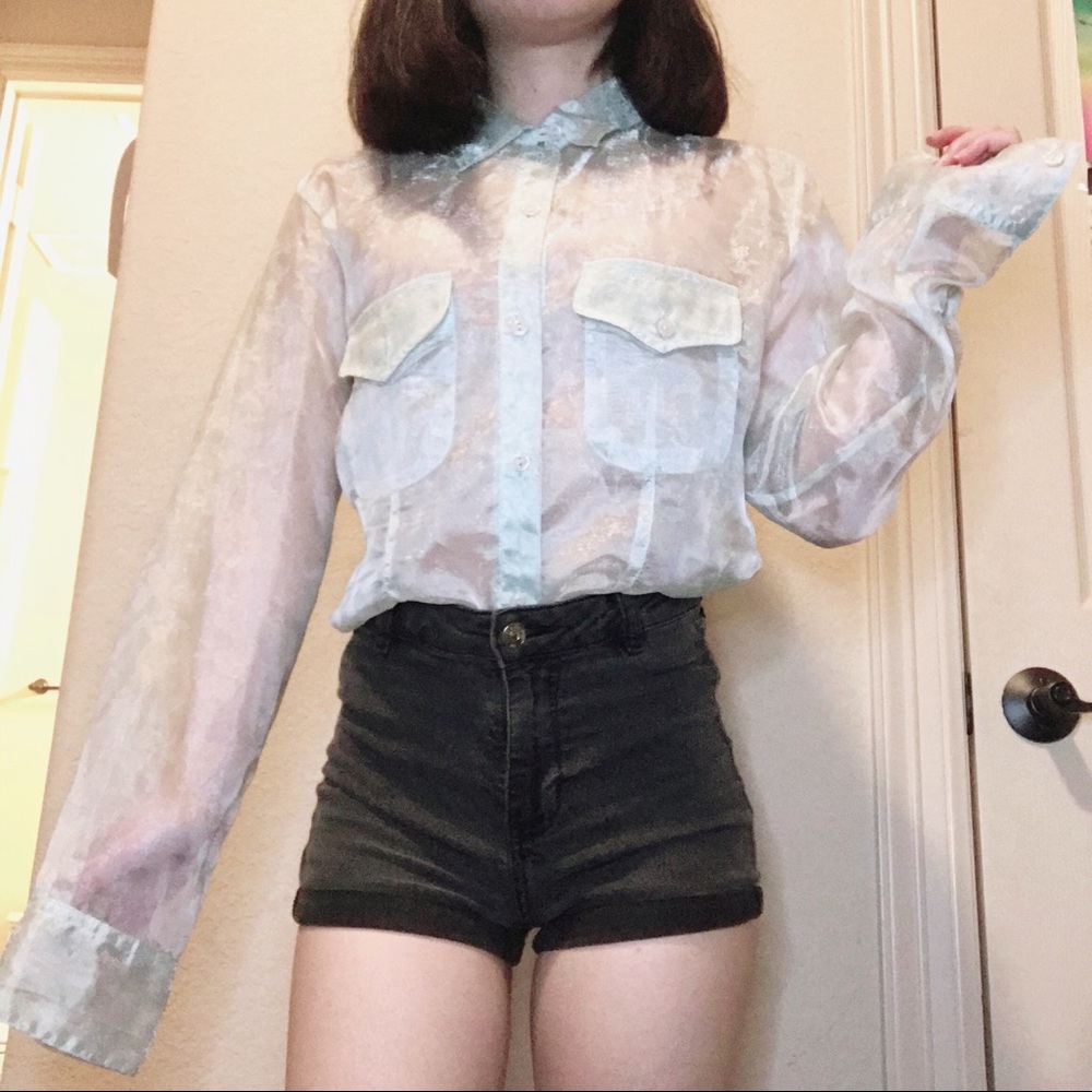 chic sheer mint blue button up
